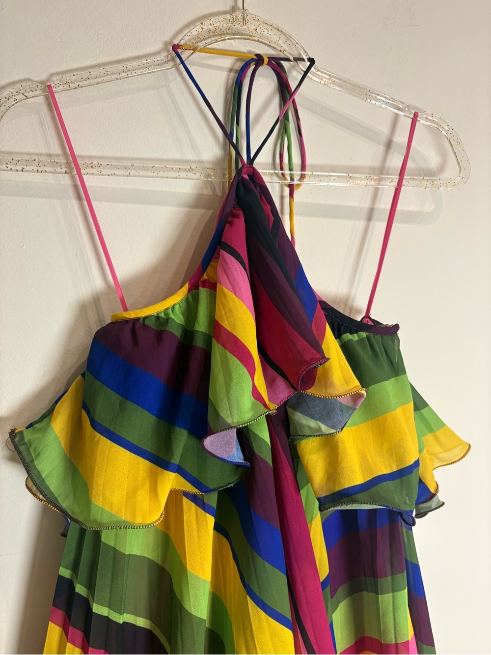 AMUR Sevyn Mini Halter Dress Vibrant Colorful Stripe Pleated Ruffle Size 4 - Picture 9 of 12